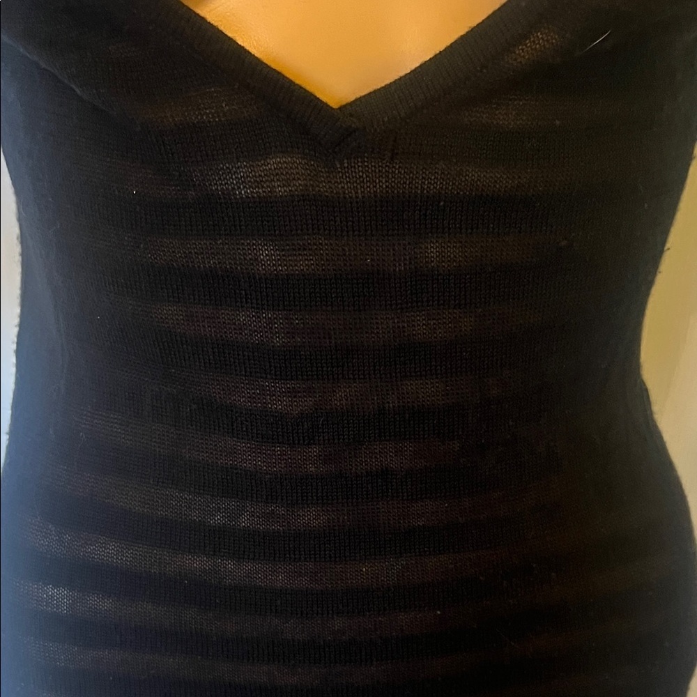 I.N. San Francisco Knit 3/4 sleeve Black Deep plunge Overlay Tunic Med - Picture 3 of 7